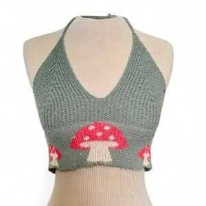 Knit crochet Halter Crop Top with Red Mushrooms - Sage Green